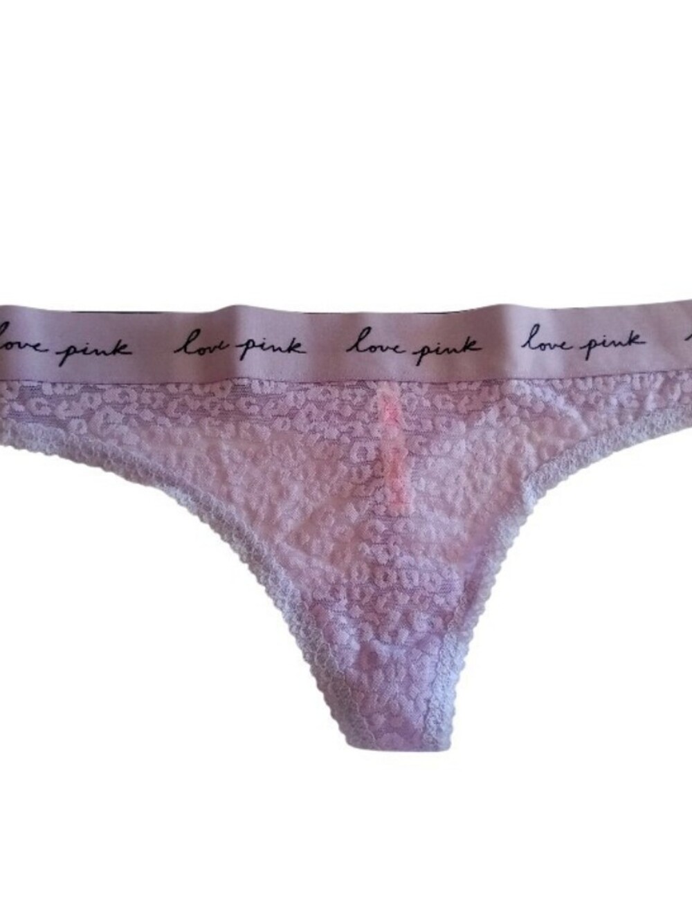 NWT PINK Victorias Secret Lavender Lace Thong Love Pink Waistband Size L